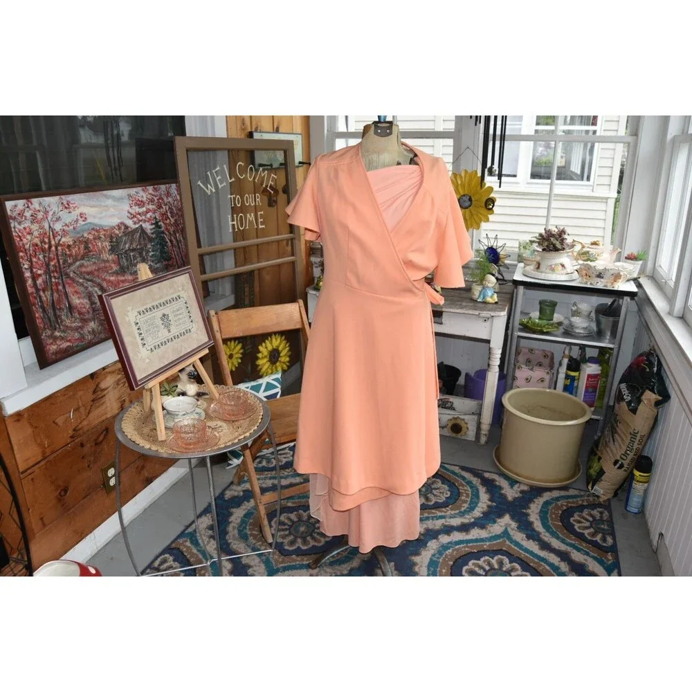70s Spaghetti Strap Gown with Matching Wrap Roaman's Formal Peach - Size XS